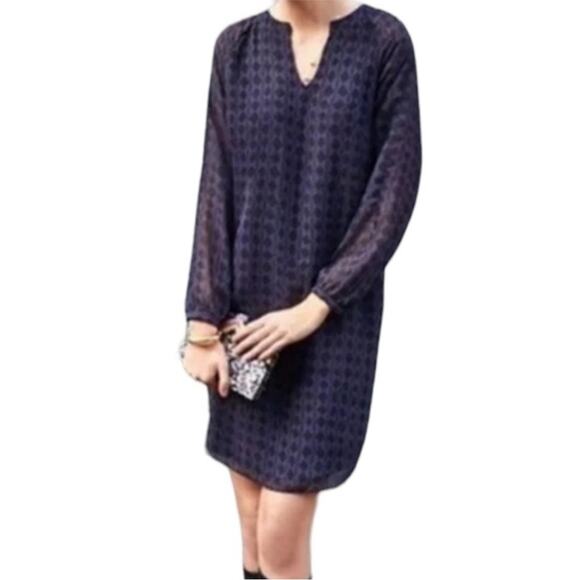 Cabi Harlequin Purple & Black Print Sheer Long Sleeve Shift Dress Small GUC - Picture 2 of 6